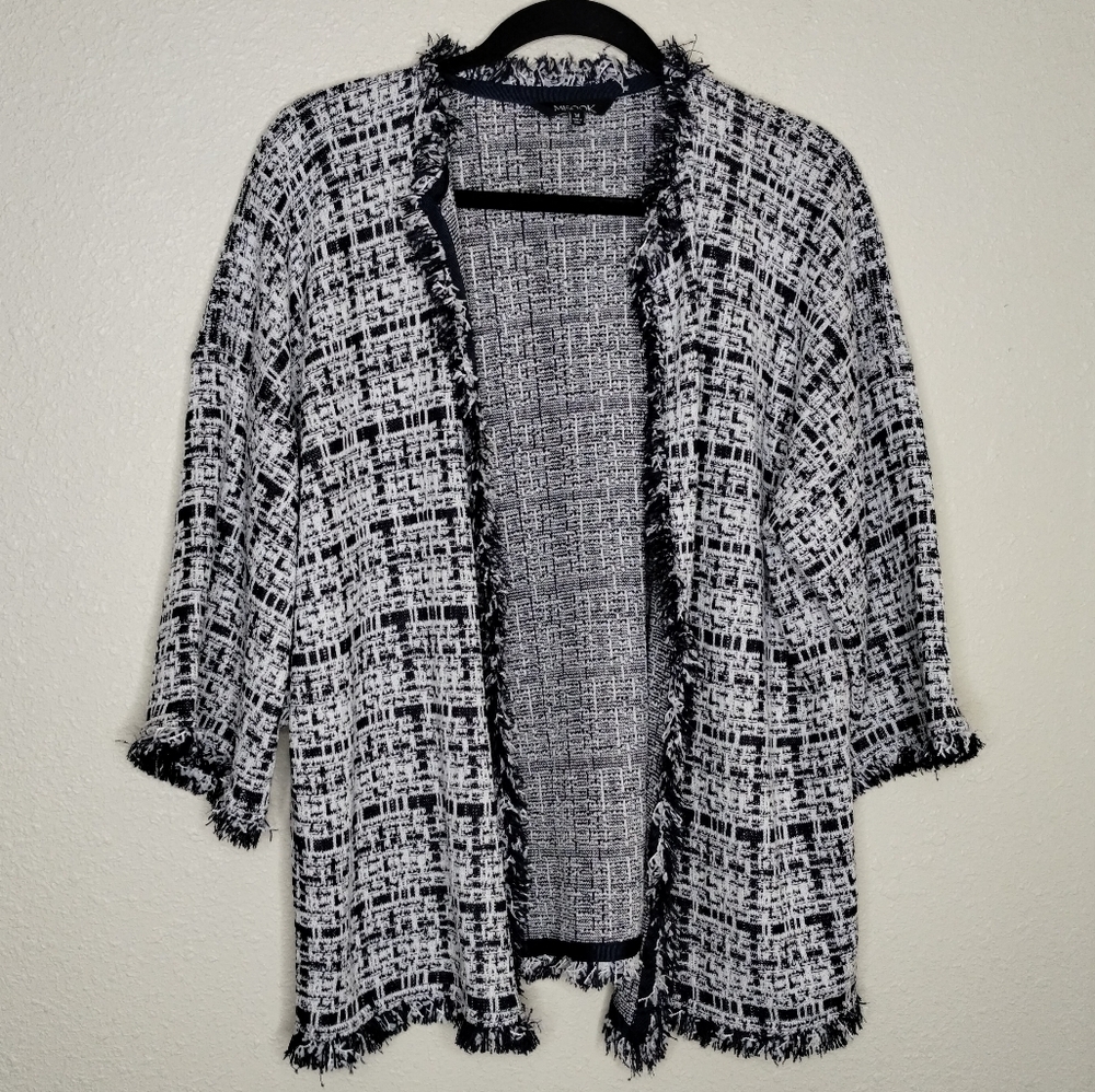 Misook Blue White Tweed Open Front Blazer Fringe Trim Women's Size Medium